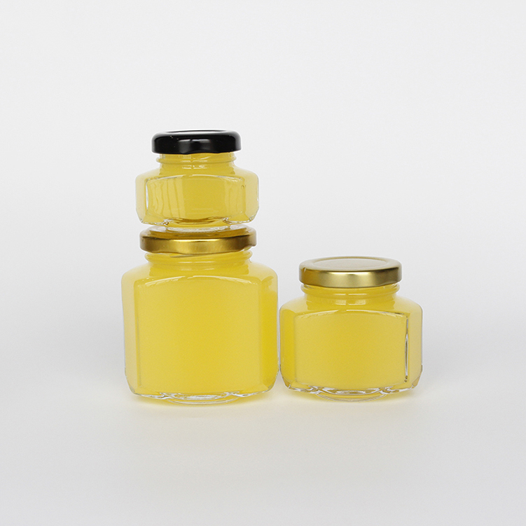 Food grade flat hexagon jam jelly canning honey bee packaging storage jar glass wholesale