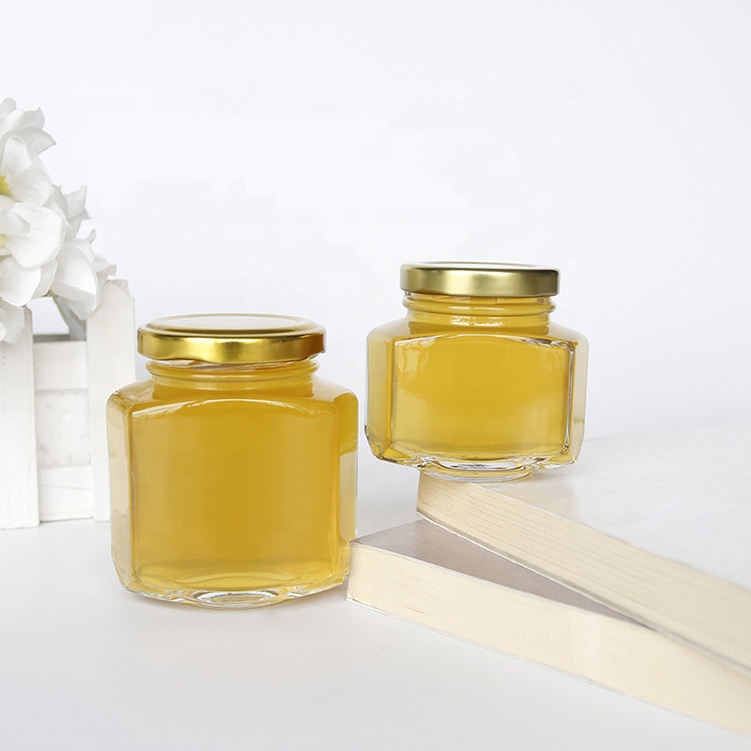 Food grade flat hexagon jam jelly canning honey bee packaging storage jar glass wholesale