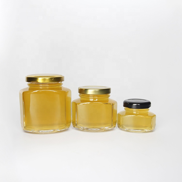 Food grade flat hexagon jam jelly canning honey bee packaging storage jar glass wholesale