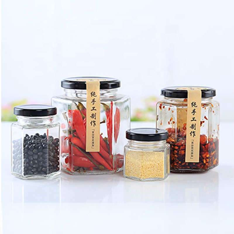 Food grade hexagon honey glass jar jam / pudding jar with screw metal lid
