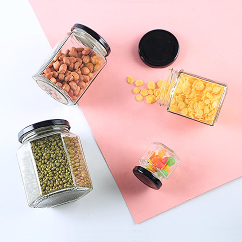 Food grade hexagon honey glass jar jam / pudding jar with screw metal lid