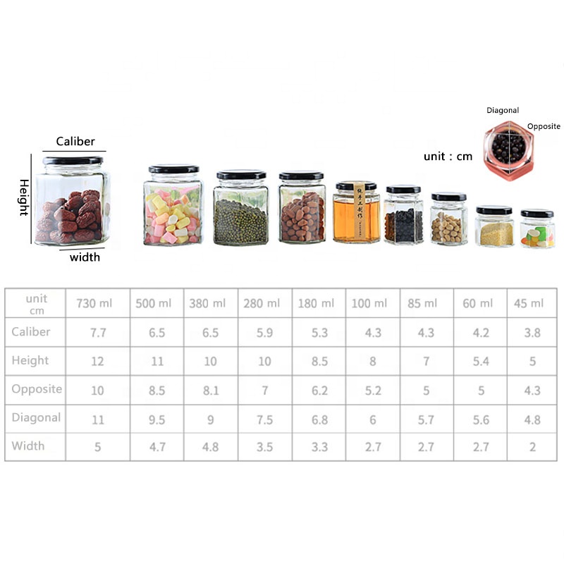 Food grade hexagon honey glass jar jam / pudding jar with screw metal lid