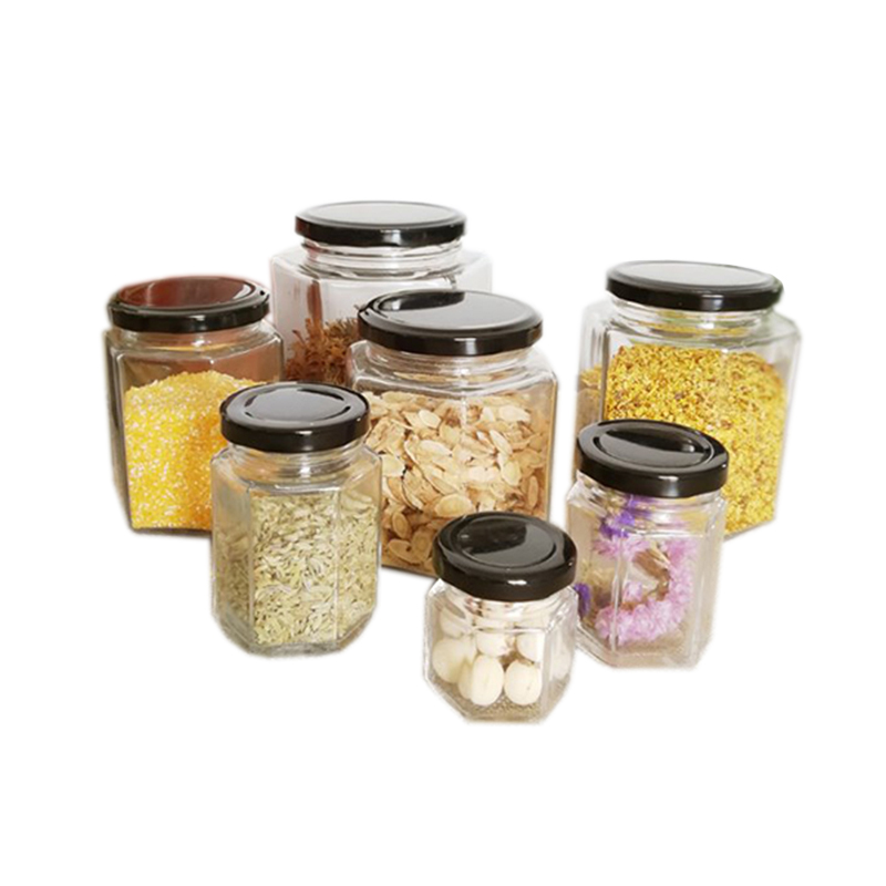 Food grade hexagonal clear 45ml to 730ml glass storage jar with metal lid for honey coffee bean grains candy