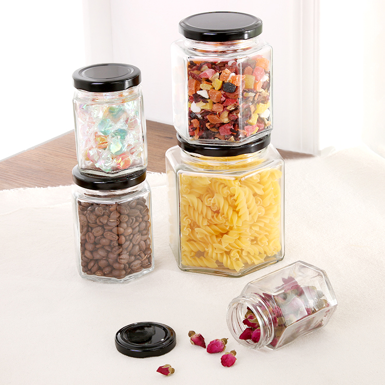 Food grade hexagonal clear 45ml to 730ml glass storage jar with metal lid for honey coffee bean grains candy