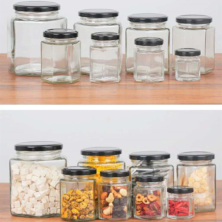 Food grade hexagonal clear 45ml to 730ml glass storage jar with metal lid for honey coffee bean grains candy