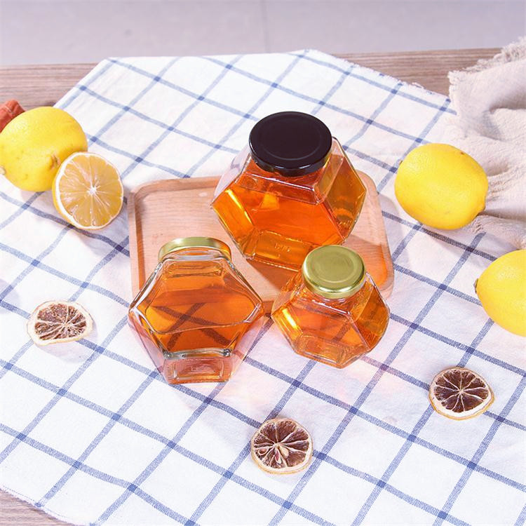 Food grade hexagonal cute glass honey jar containers for jam honey