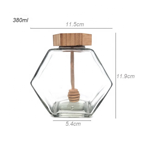 Food grade hexagonal glass jar with bamboo lid and dipper for honey