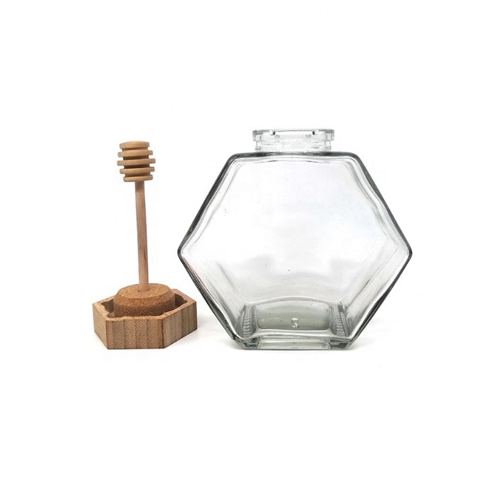 Food grade hexagonal glass jar with bamboo lid and dipper for honey