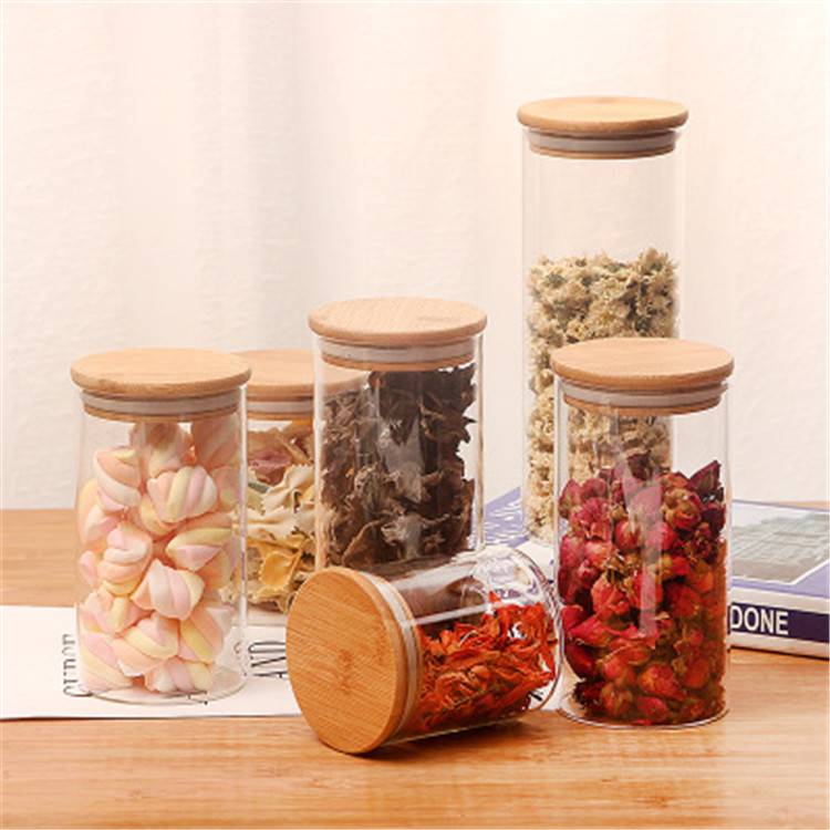 Food grade high borosilicate glass spice jar with bamboo and wood lid