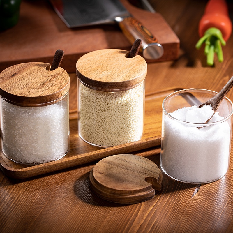 Food grade kitchenware borosilicate glass spice jar set with bamboo lid and spoon 300ml