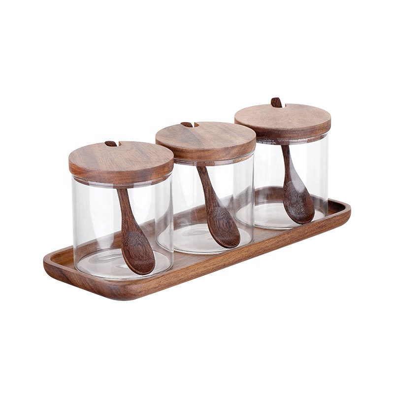 Food grade kitchenware borosilicate glass spice jar set with bamboo lid and spoon 300ml