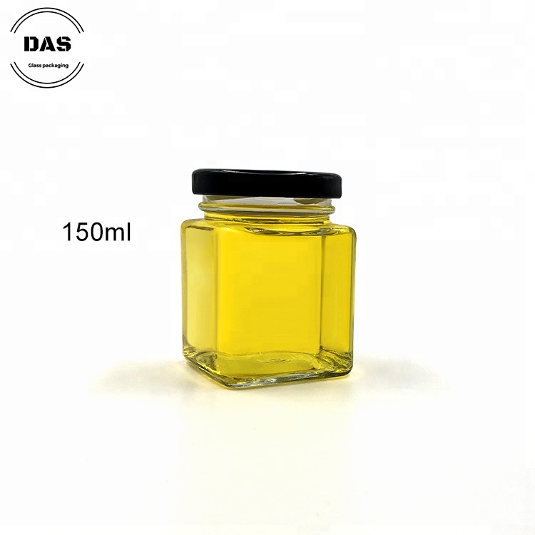 Food grade square 150ml honey glass jam jar with screw metal lid