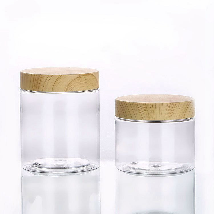 Food grade wood grain lid empty container 80ml 100ml 120ml 150ml 200ml 250ml clear PET plastic jar with bamboo line lid