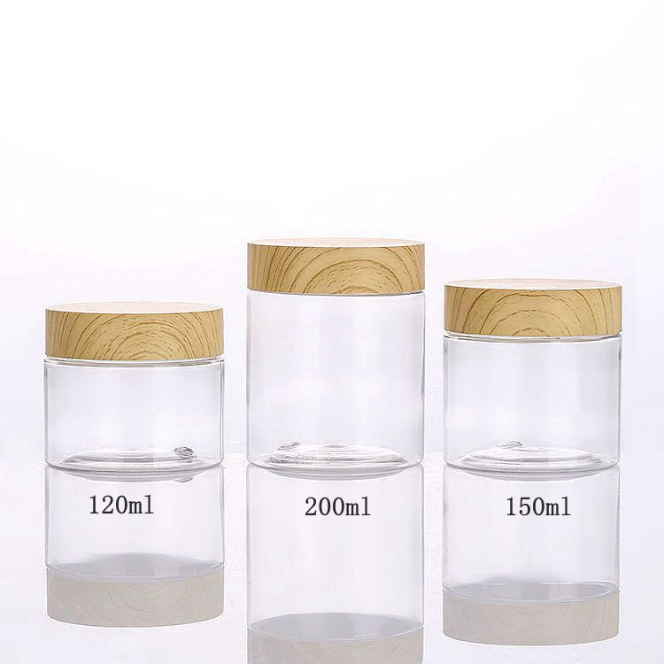 Food grade wood grain lid empty container 80ml 100ml 120ml 150ml 200ml 250ml clear PET plastic jar with bamboo line lid