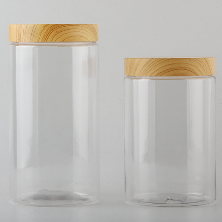 Food grade wood grain lid empty container 80ml 100ml 120ml 150ml 200ml 250ml clear PET plastic jar with bamboo line lid