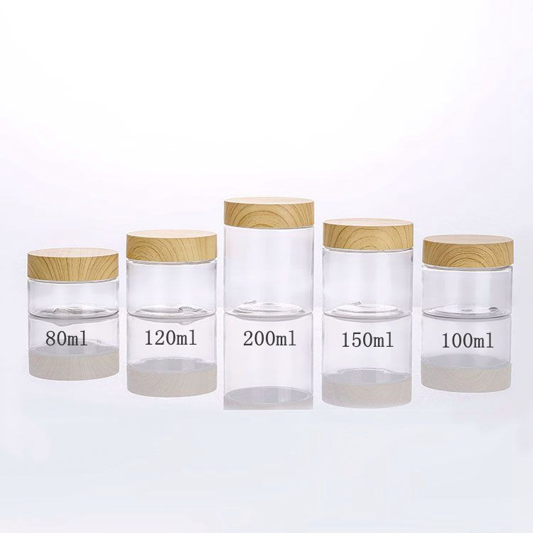 Food grade wood grain lid empty container 80ml 100ml 120ml 150ml 200ml 250ml clear PET plastic jar with bamboo line lid