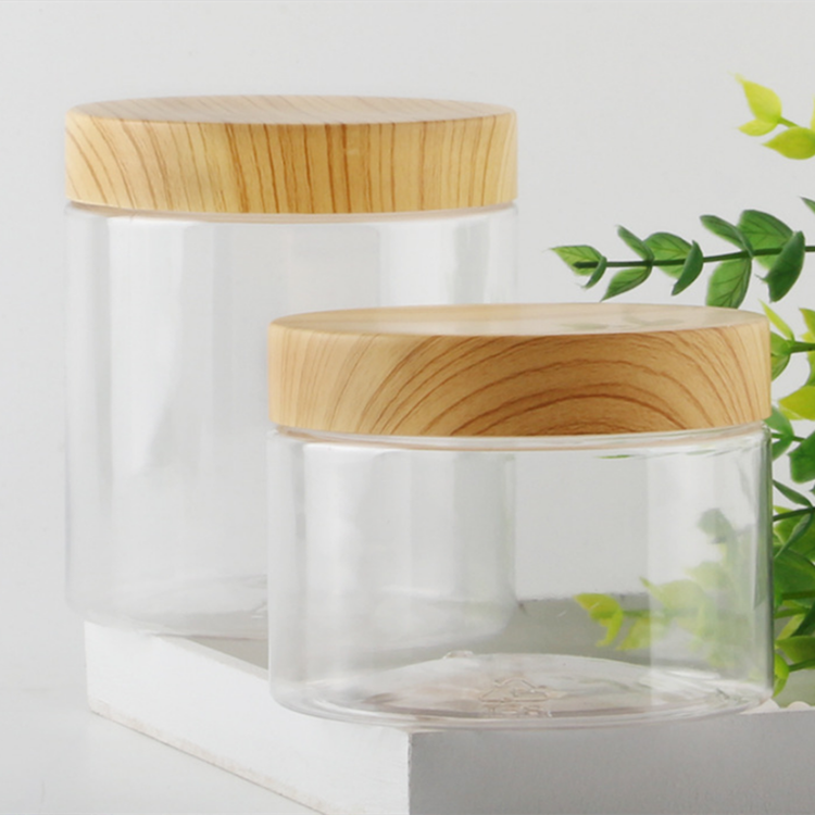 Food grade wood grain lid empty container 80ml 100ml 120ml 150ml 200ml 250ml clear PET plastic jar with bamboo line lid