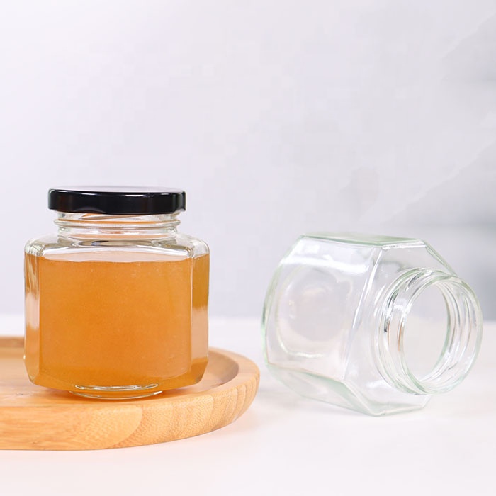 Food safe hexagon container  jam honey jelly wedding favors baby food spice jars for canning with metal gold twist off lid