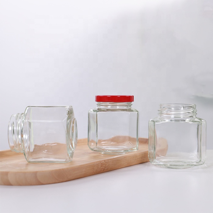 Food safe hexagon container jam honey jelly wedding favors baby food spice jars for canning with metal gold twist off lid