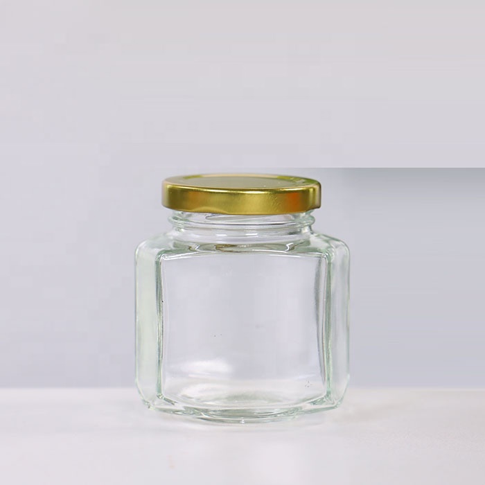 Food safe hexagon container jam honey jelly wedding favors baby food spice jars for canning with metal gold twist off lid