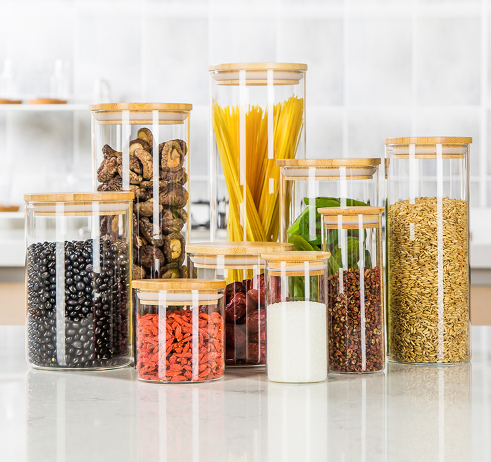 Food storage canister airtight round bamboo lid glass jar pasta glass container with wood lid and silicone ring