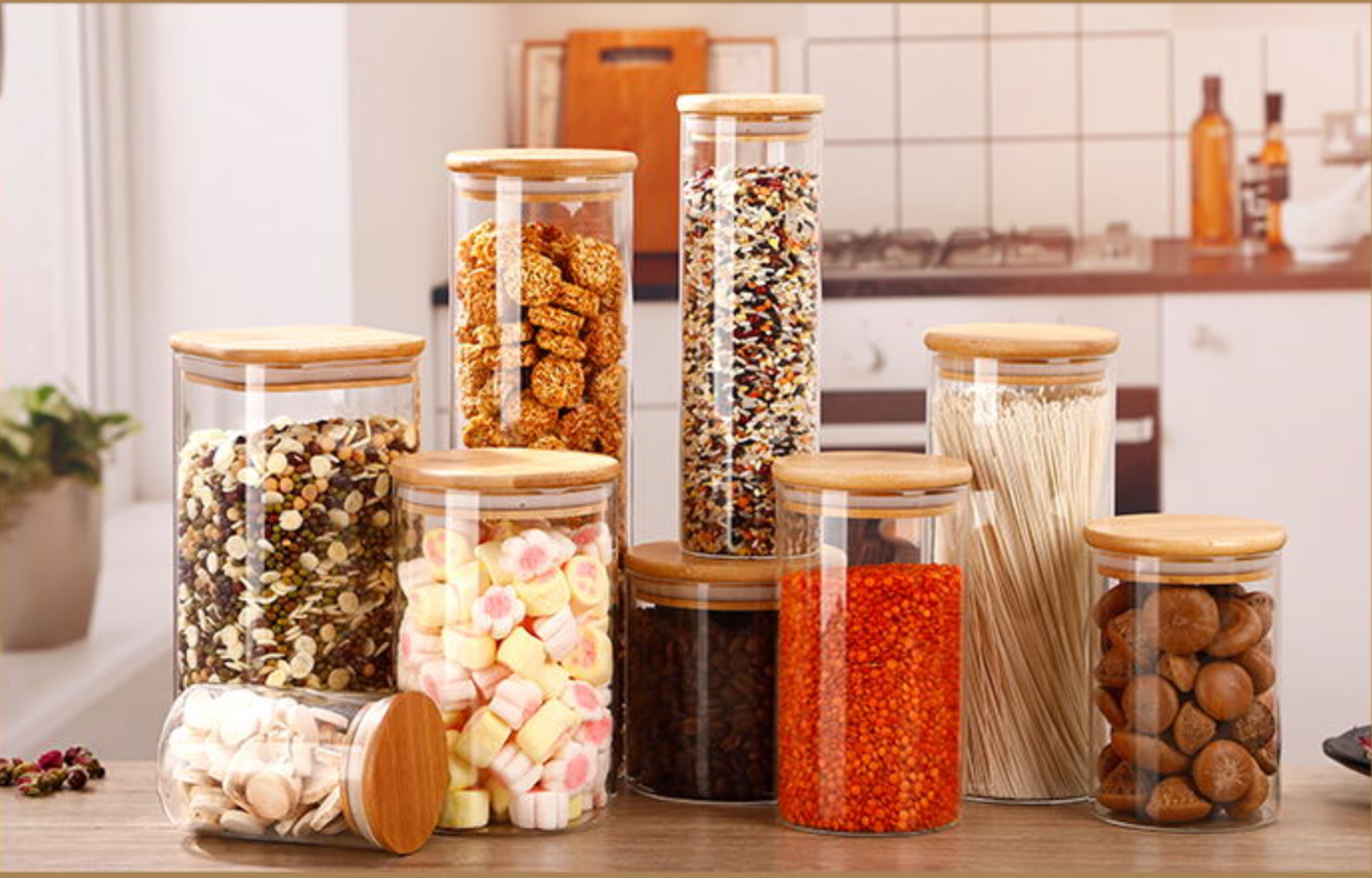 Food storage canister airtight round bamboo lid glass jar pasta glass container with wood lid and silicone ring