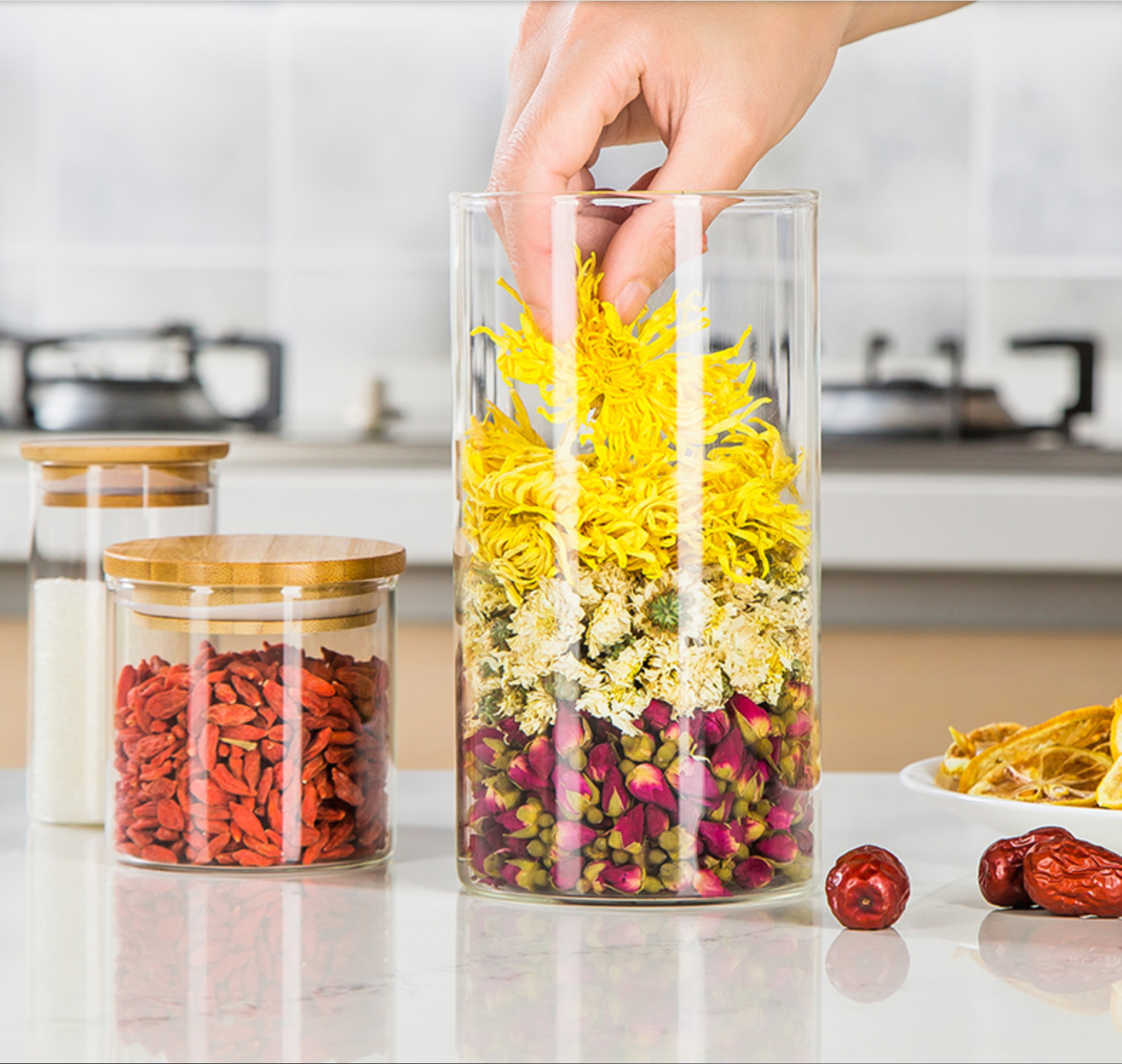 Food storage canister airtight round bamboo lid glass jar pasta glass container with wood lid and silicone ring