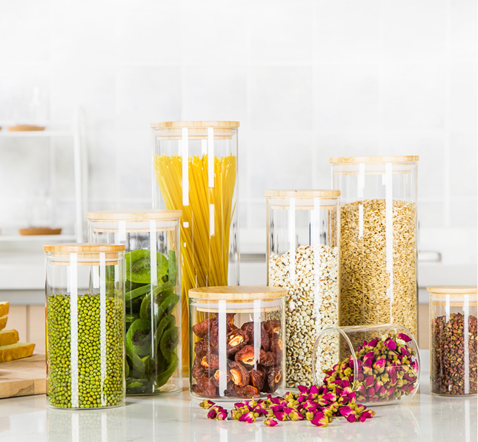 Food storage canister airtight round bamboo lid glass jar pasta glass container with wood lid and silicone ring