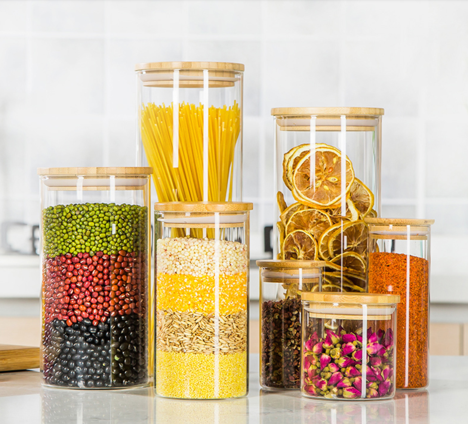 Food storage canister airtight round bamboo lid glass jar pasta glass container with wood lid and silicone ring