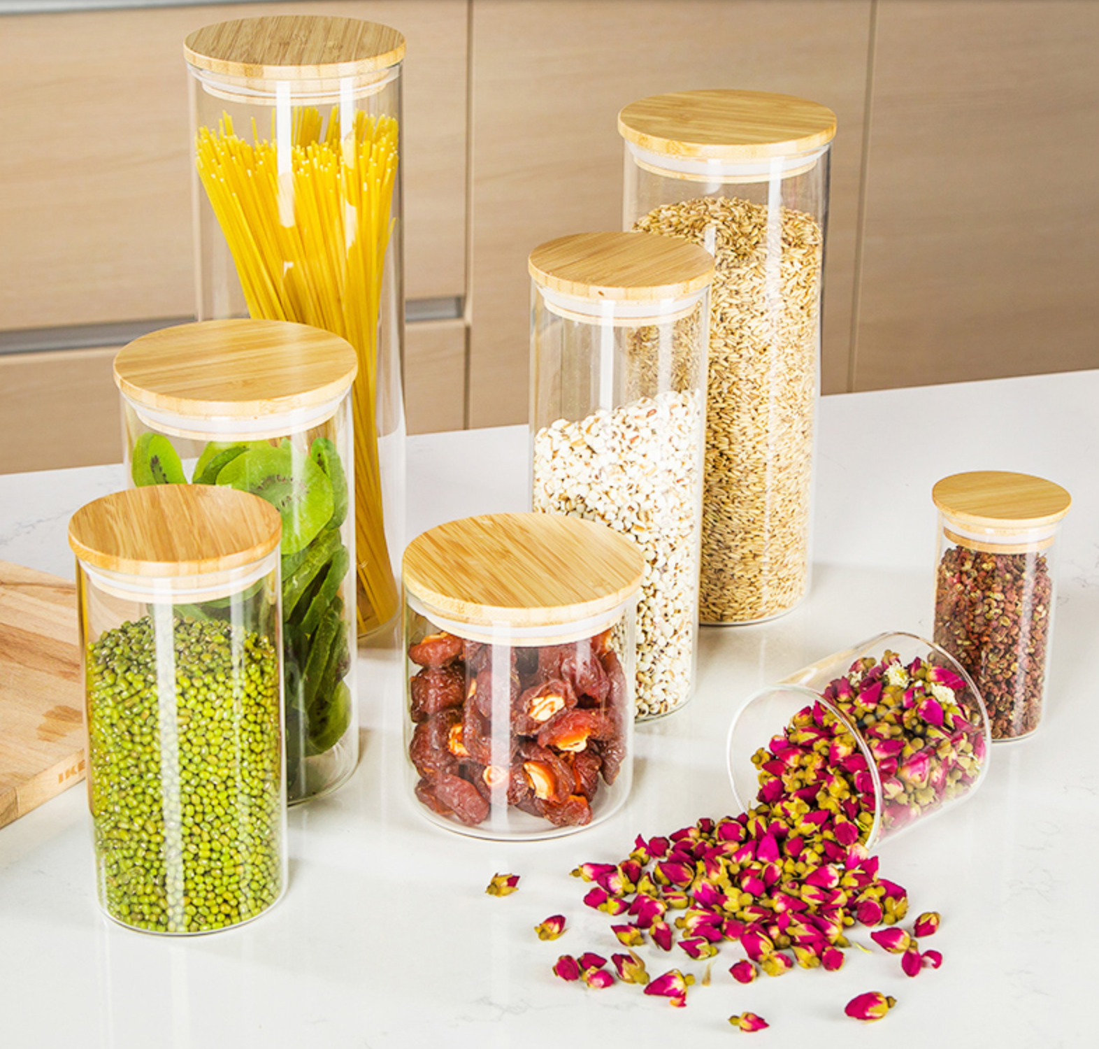 Food storage canister airtight round bamboo lid glass jar pasta glass container with wood lid and silicone ring