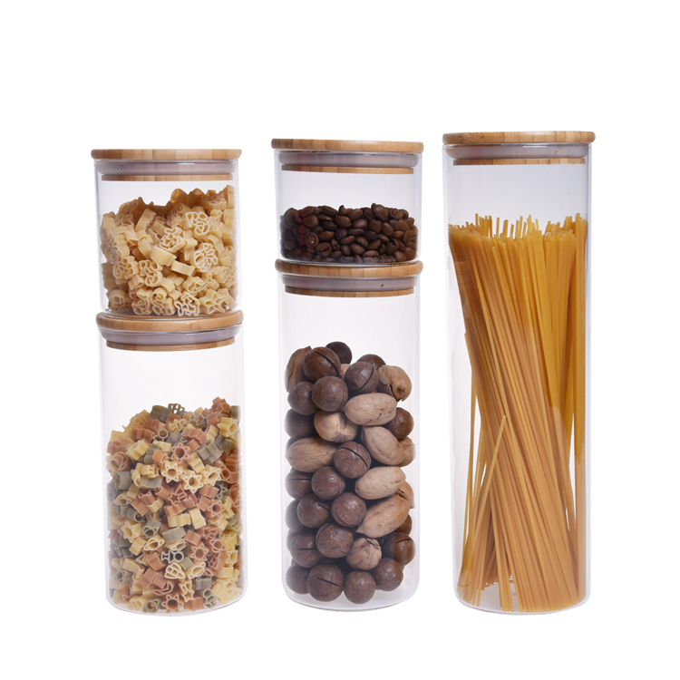 Food storage canister airtight round bamboo lid glass jar pasta glass container with wood lid