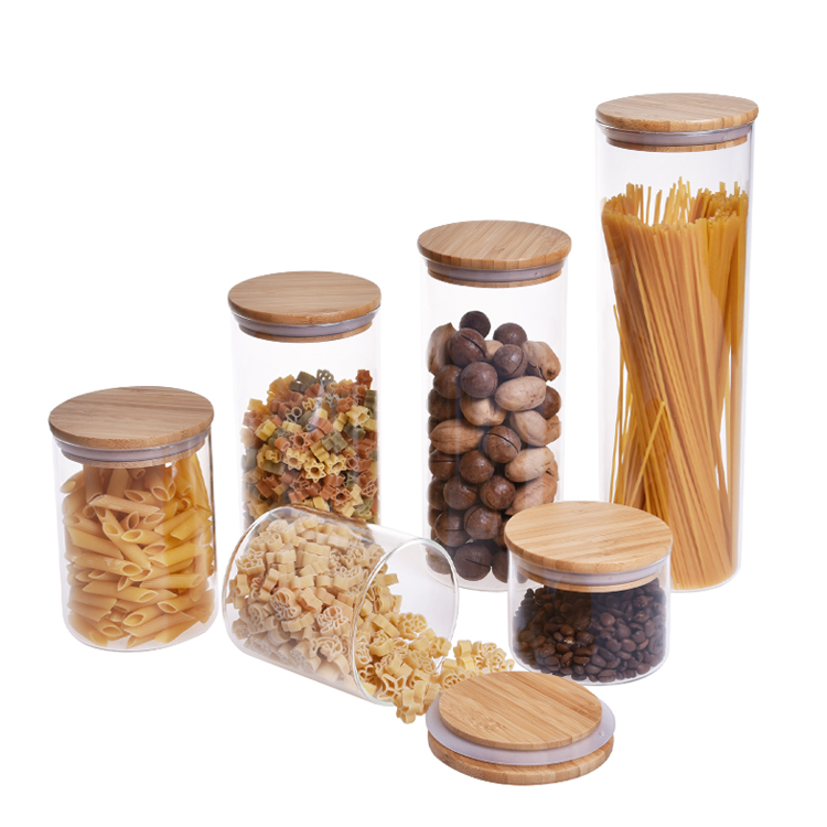 Food storage canister airtight round bamboo lid glass jar pasta glass container with wood lid