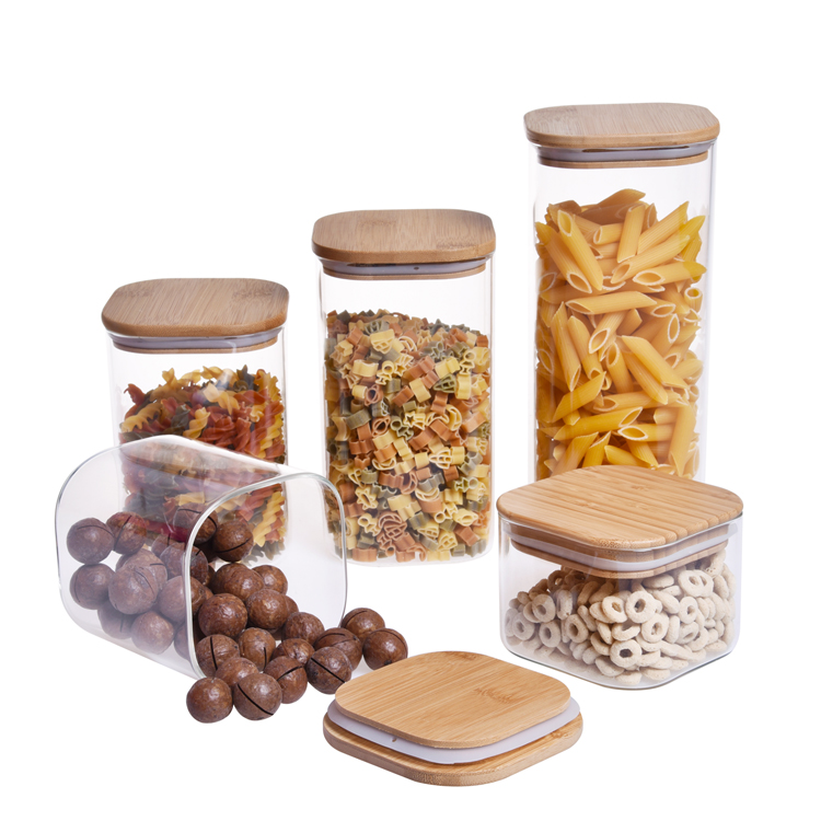Food storage canister airtight round bamboo lid glass jar pasta glass container with wood lid