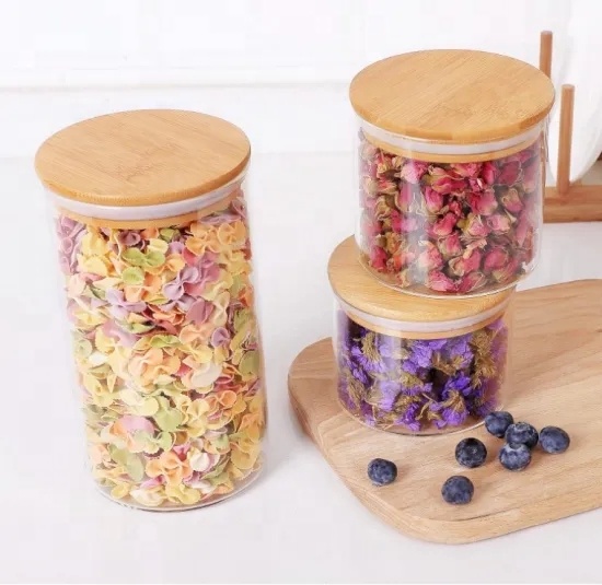 Food storage canister airtight round bamboo lid glass jar pasta glass container with wood lid