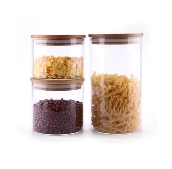 Food storage canister airtight round bamboo lid glass jar pasta glass container with wood lid