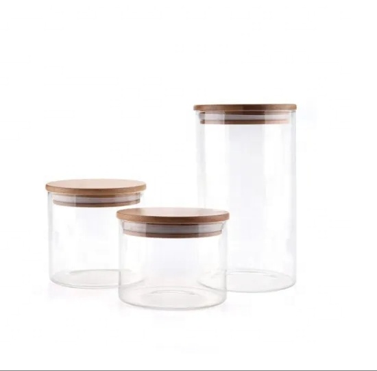 Food storage canister airtight round bamboo lid glass jar pasta glass container with wood lid