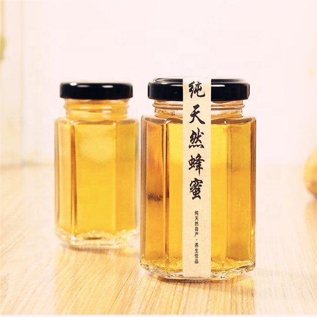 Food storage luxury hexagonal customised 730ml glass jar with metal lid for honey