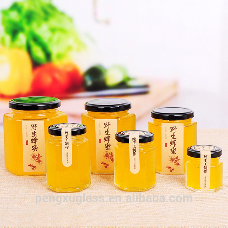 Frasco De Vidrio 250ml Hexagon Glass Jar with Lid for Honey Jam Spice