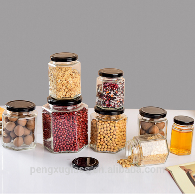 Frasco De Vidrio 250ml Hexagon Glass Jar with Lid for Honey Jam Spice