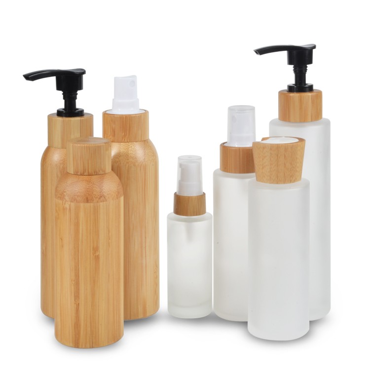 Free Sample 250ml 500ml Flat Shoulder Frosted Clear Glass Shampoo Cosmetic Spray Pump Bottle With Bamboo Cap