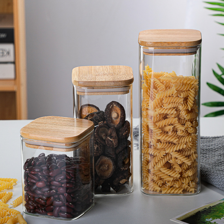 Free Sample Borosilicate glass storage jar with bamboo lid for square glass storage jar for glass spice jar with wooden lid