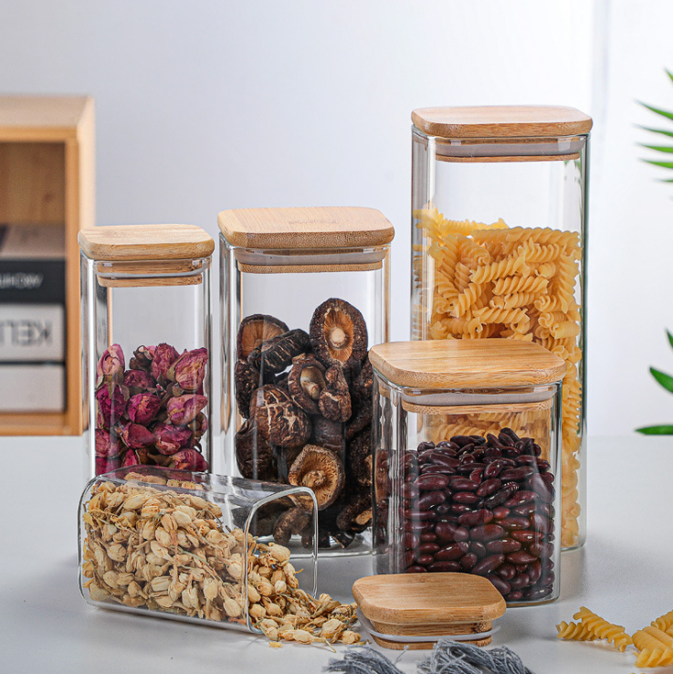 Free Sample Borosilicate glass storage jar with bamboo lid for square glass storage jar for glass spice jar with wooden lid