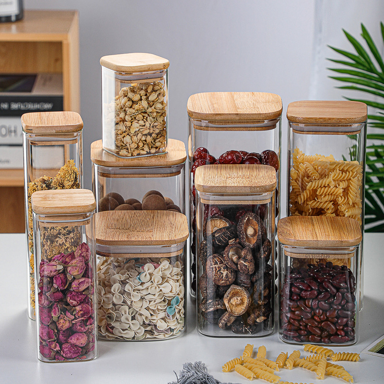 Free Sample Borosilicate glass storage jar with bamboo lid for square glass storage jar for glass spice jar with wooden lid