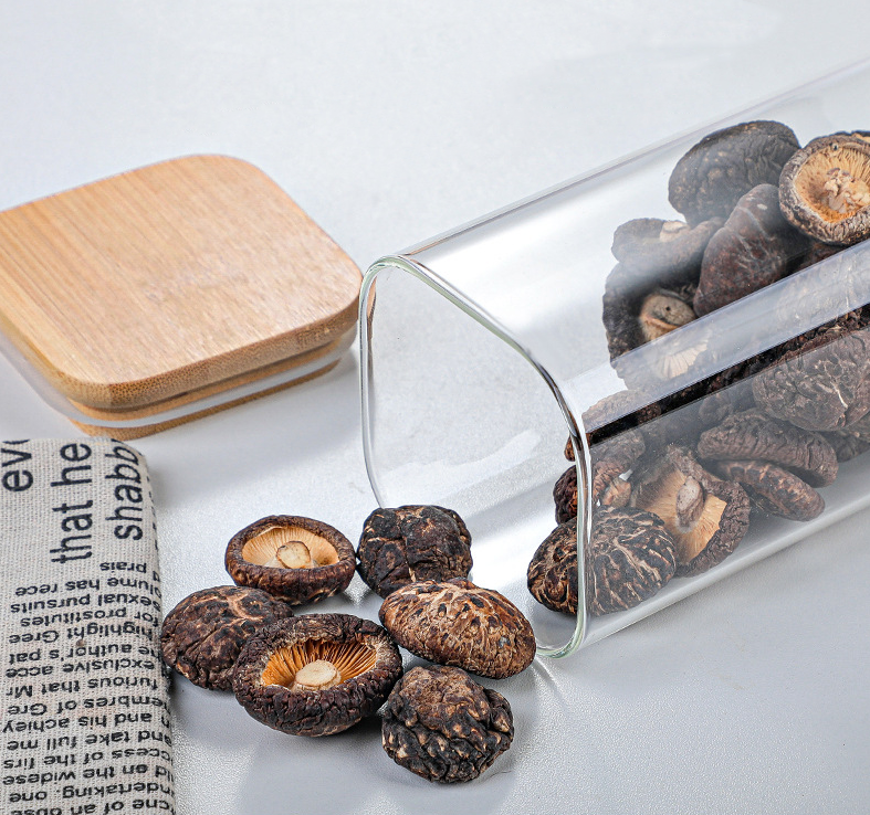 Free Sample Borosilicate glass storage jar with bamboo lid for square glass storage jar for glass spice jar with wooden lid