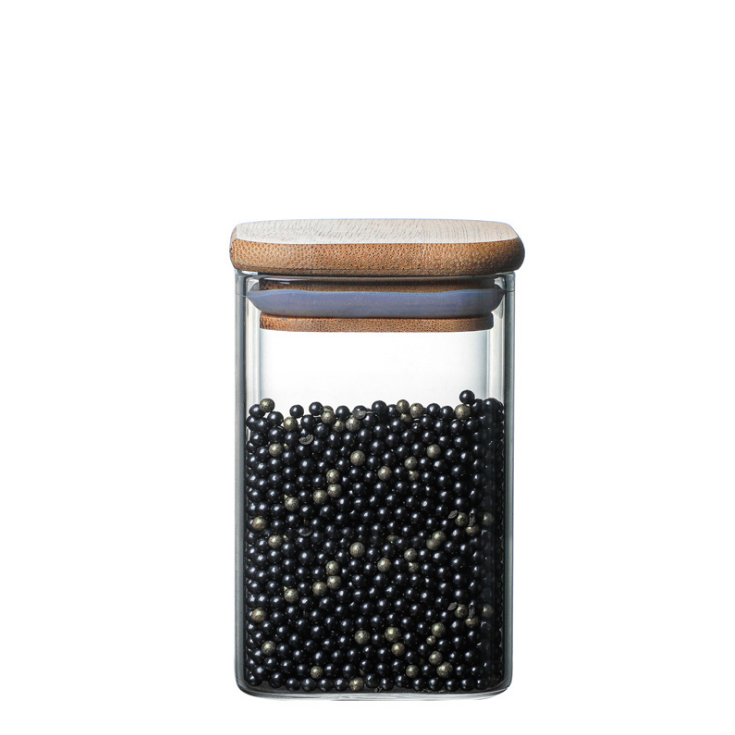 Free Sample Borosilicate glass storage jar with bamboo lid for square glass storage jar for glass spice jar with wooden lid