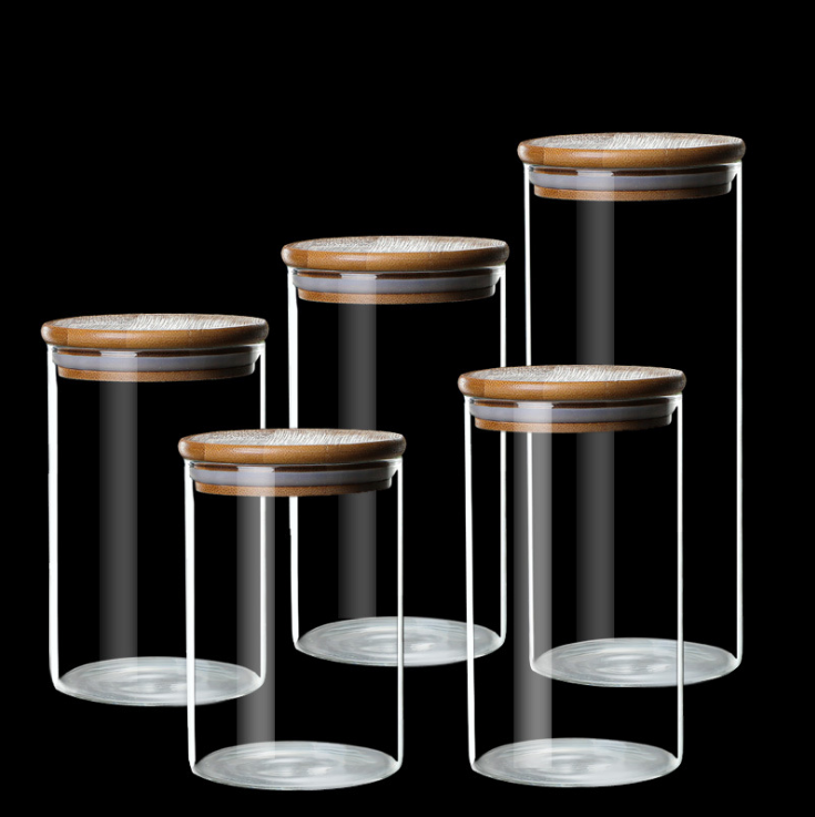 Free Sample Borosilicate glass storage jar with bamboo lid for tube shaped spice glass storage jar with wooden lid