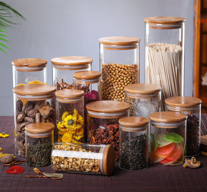 Free Sample Borosilicate glass storage jar with bamboo lid for tube shaped spice glass storage jar with wooden lid