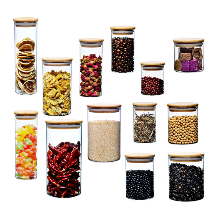 Free Sample Borosilicate glass storage jar with bamboo lid for tube shaped spice glass storage jar with wooden lid