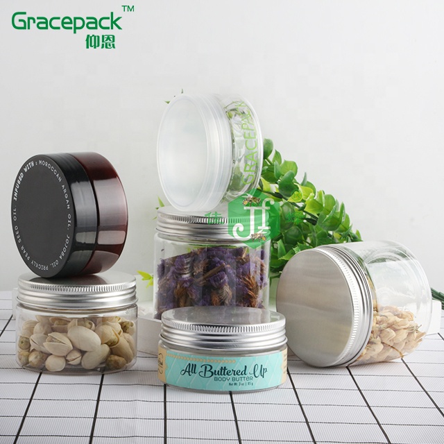Free Sample Cookies Containers With PP Smooth Lid,BPA Free Candy Jar with Aluminum Cap,Food Storage PET Plastic Jar