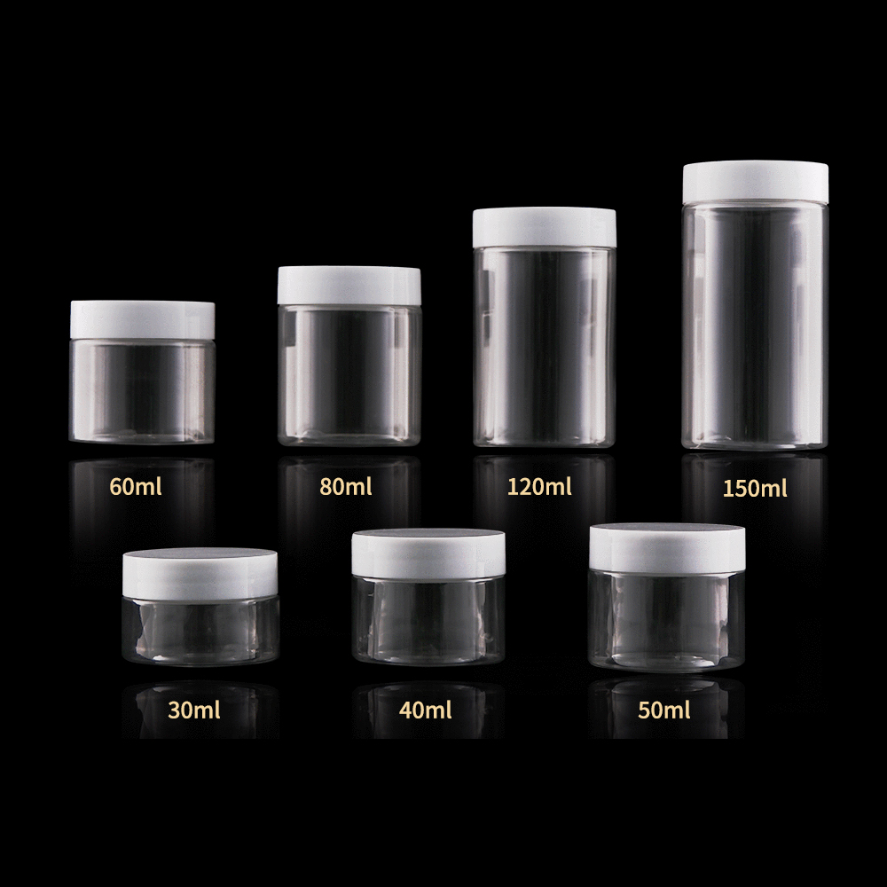 Free Sample Cookies Containers with PP Smooth Lid Round Candy Jar with Black Cap ,Food Storage PET Plastic Jar